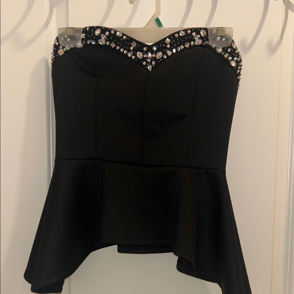 Windsor Black Strapless Peplum Top with Rhinestone Trim